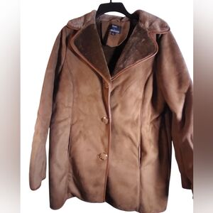 Dennis Brasso Faux Brown Suede Coat Womens Faux Fur Lining Pockets Size L Warm